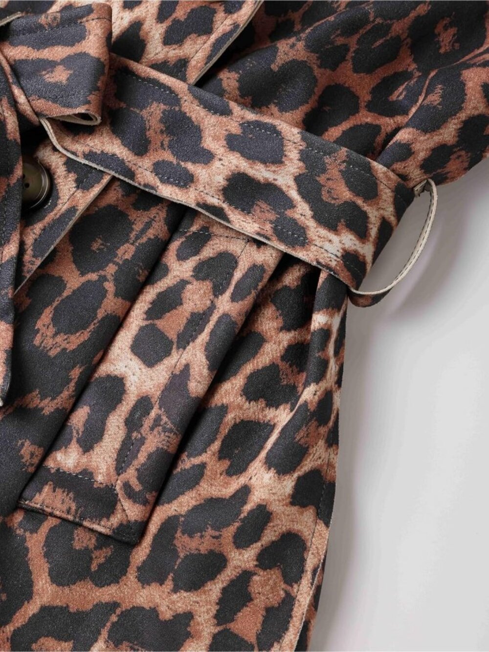 Women's Leopard Polyester Long Sleeve Classic Cuffs Pockets Trench Coat Jackets - Picture 7 of 7